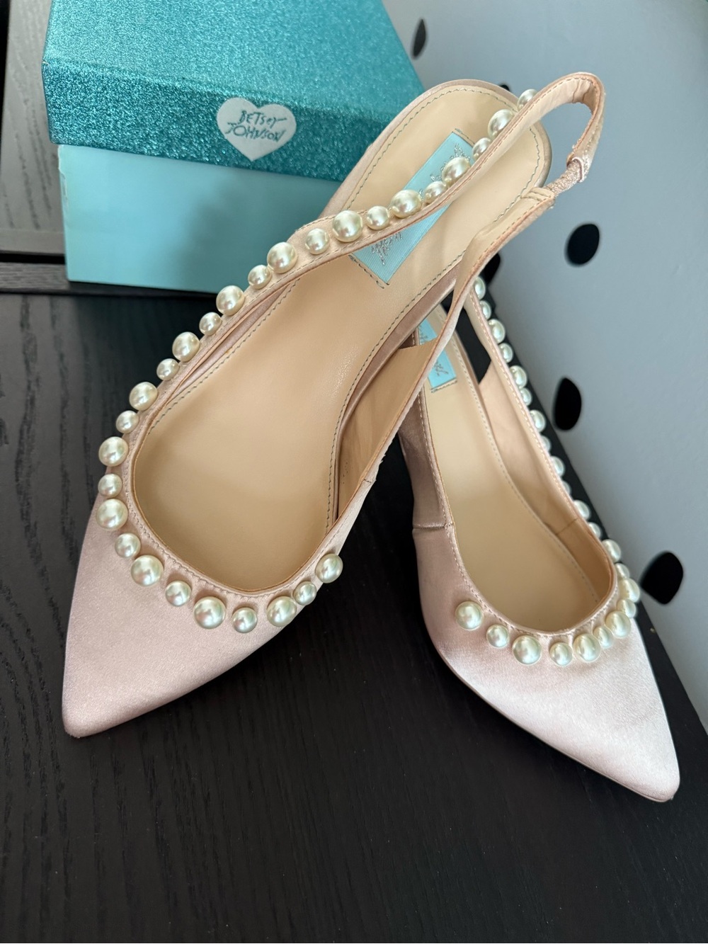 Betsey Johnson nude satin Pearl-Trim Slingback heels, Size 8.5 *** Brand new***